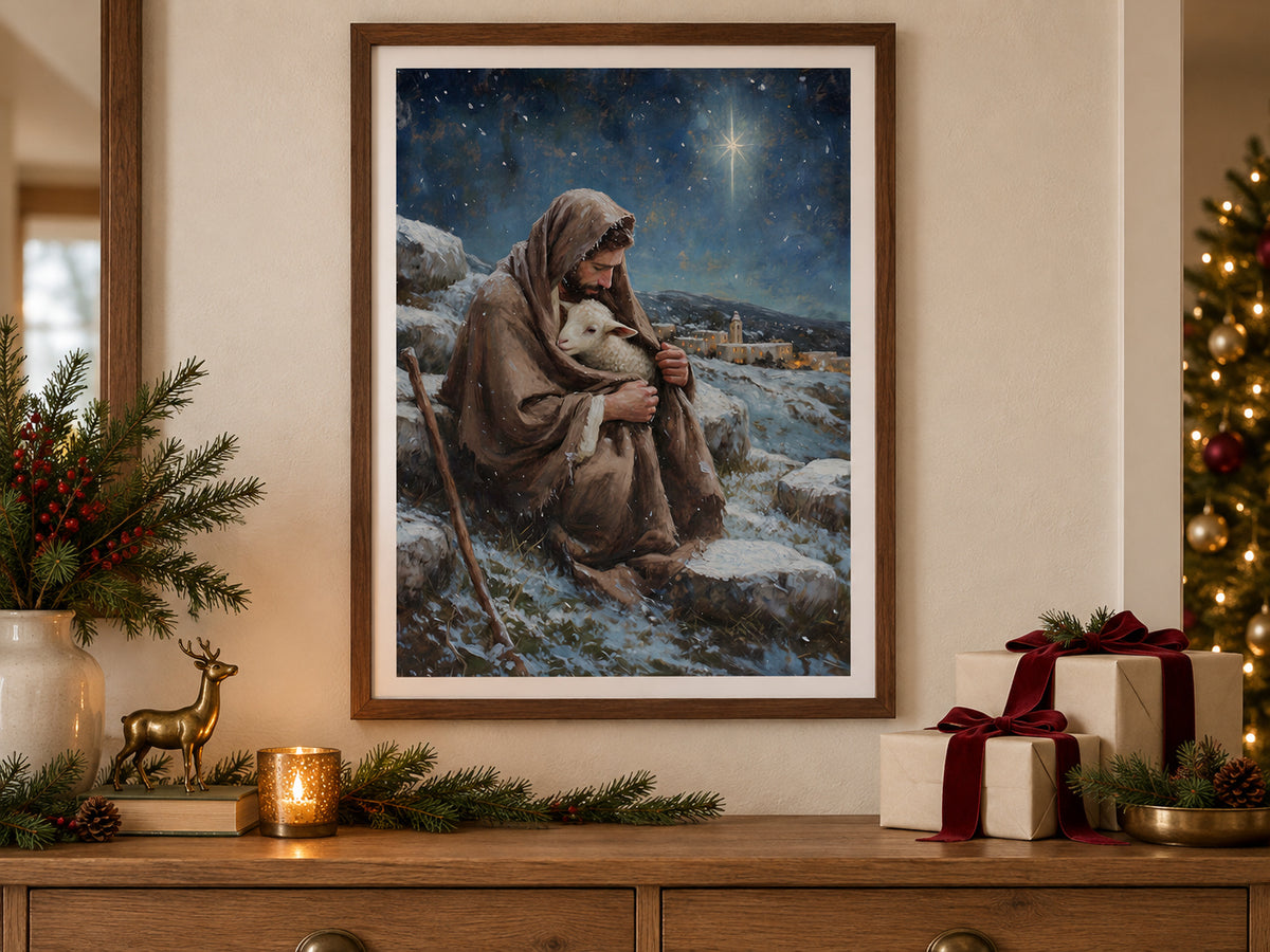 A bearded shepherd holds a white lamb inside his brown cloak on a snowy hillside. A bright star shines in a deep blue sky above a village with warm windows. Shown as a vertical paper print in christmas paper festive sideboard setting.