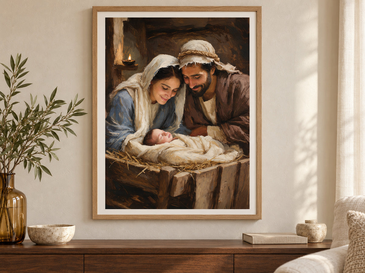 Mary and Joseph lean over baby Jesus asleep in a wooden manger. Cream cloth, Mary's blue robe, and a small oil lamp brighten the brown stable. Shown as a vertical paper print in paper premium oak setting.