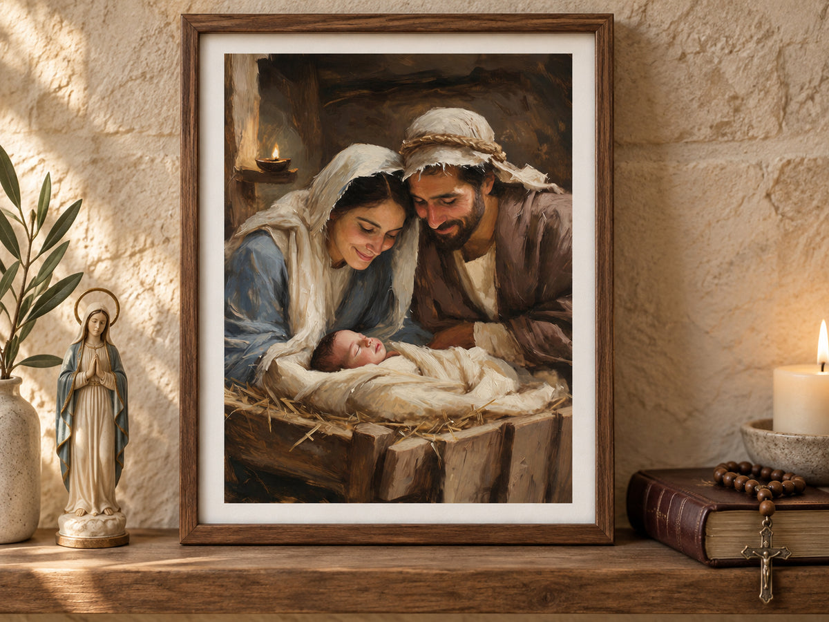 Mary and Joseph lean over baby Jesus asleep in a wooden manger. Cream cloth, Mary's blue robe, and a small oil lamp brighten the brown stable. Shown as a vertical paper print in paper prayer corner walnut setting.