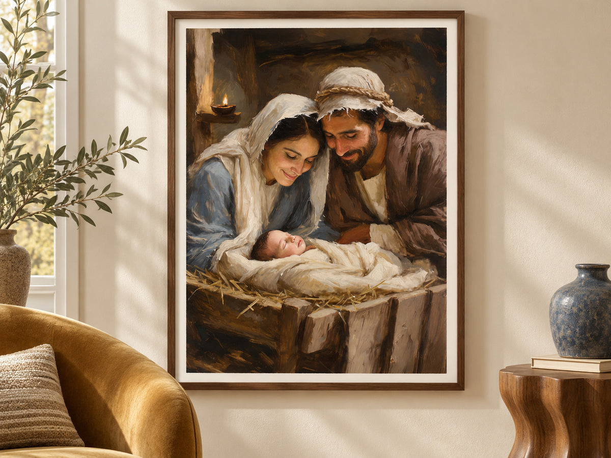 Mary and Joseph lean over baby Jesus asleep in a wooden manger. Cream cloth, Mary's blue robe, and a small oil lamp brighten the brown stable. Shown as a vertical paper print in paper sculptural nook setting.