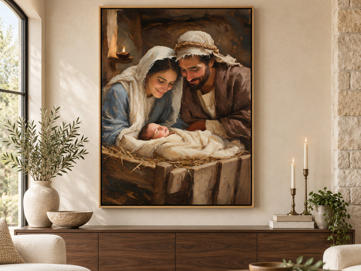 Mary and Joseph lean over baby Jesus asleep in a wooden manger. Cream cloth, Mary's blue robe, and a small oil lamp brighten the brown stable. Shown as a vertical canvas print in canvas premium oak float setting.