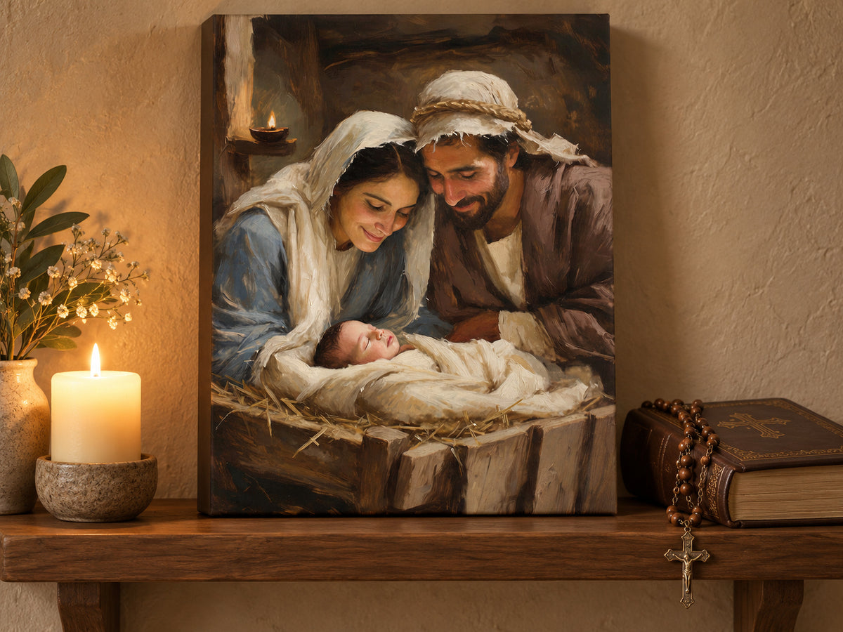 Mary and Joseph lean over baby Jesus asleep in a wooden manger. Cream cloth, Mary's blue robe, and a small oil lamp brighten the brown stable. Shown as a vertical canvas print in canvas prayer corner unframed setting.