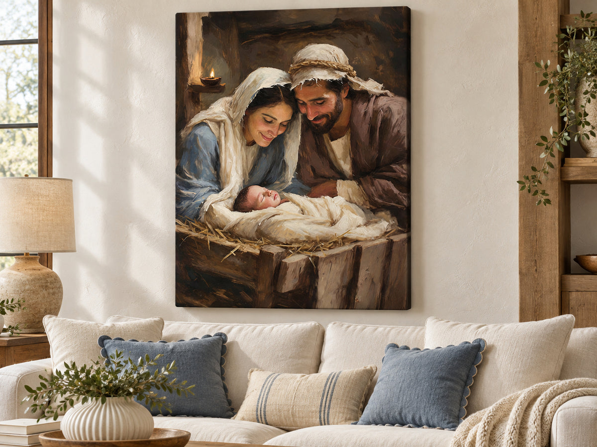 Mary and Joseph lean over baby Jesus asleep in a wooden manger. Cream cloth, Mary's blue robe, and a small oil lamp brighten the brown stable. Shown as a vertical canvas print in canvas collected linen unframed setting.
