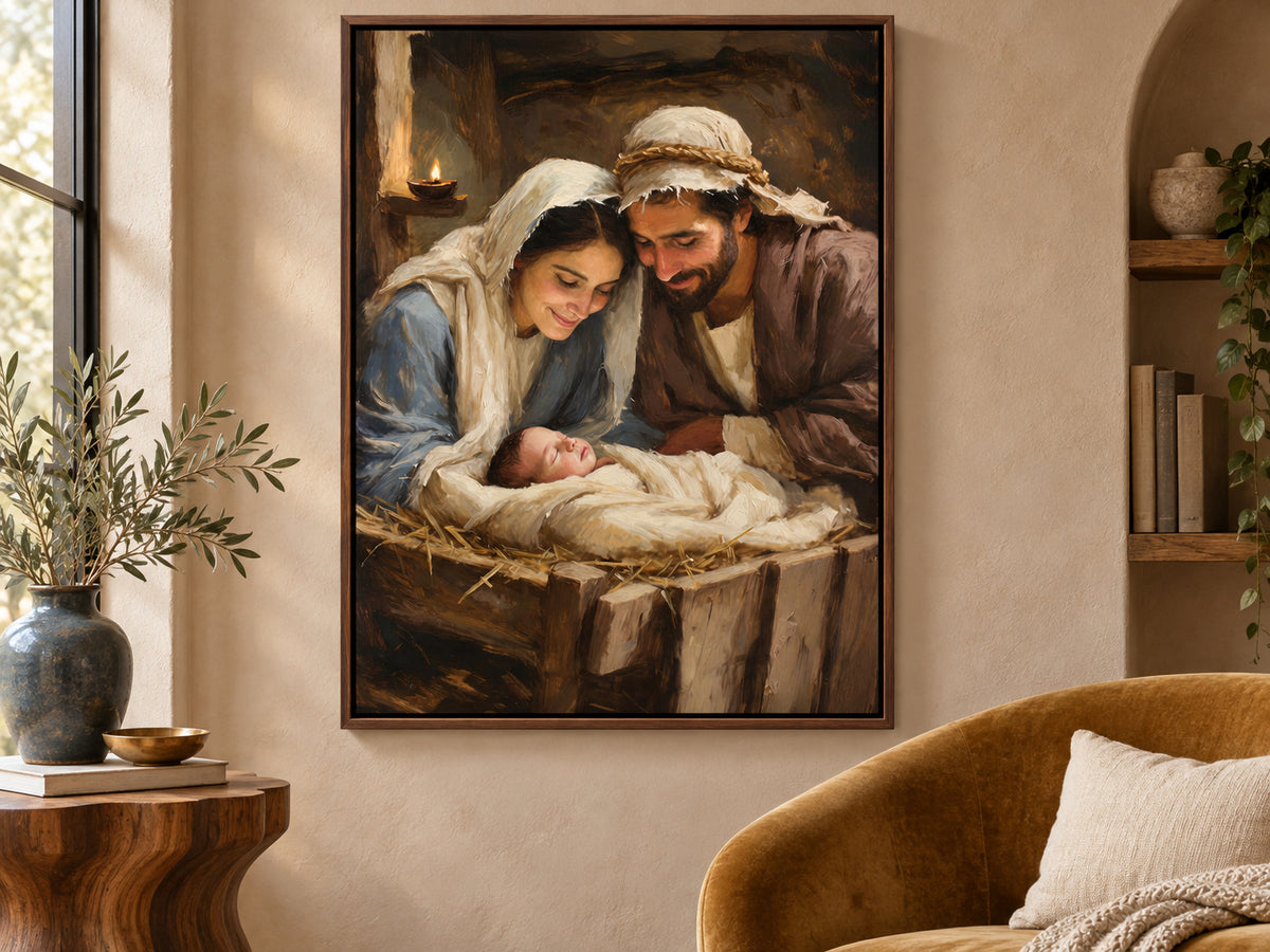 Mary and Joseph lean over baby Jesus asleep in a wooden manger. Cream cloth, Mary's blue robe, and a small oil lamp brighten the brown stable. Shown as a vertical canvas print in canvas sculptural walnut float setting.