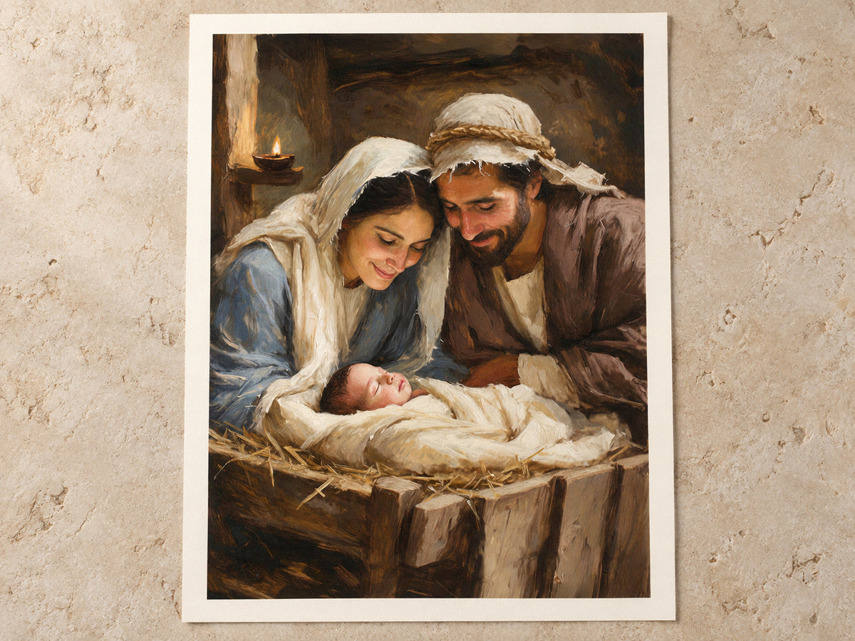 Mary and Joseph lean over baby Jesus asleep in a wooden manger. Cream cloth, Mary's blue robe, and a small oil lamp brighten the brown stable. Shown as a vertical paper print in paper unframed warm white half inch margin setting.