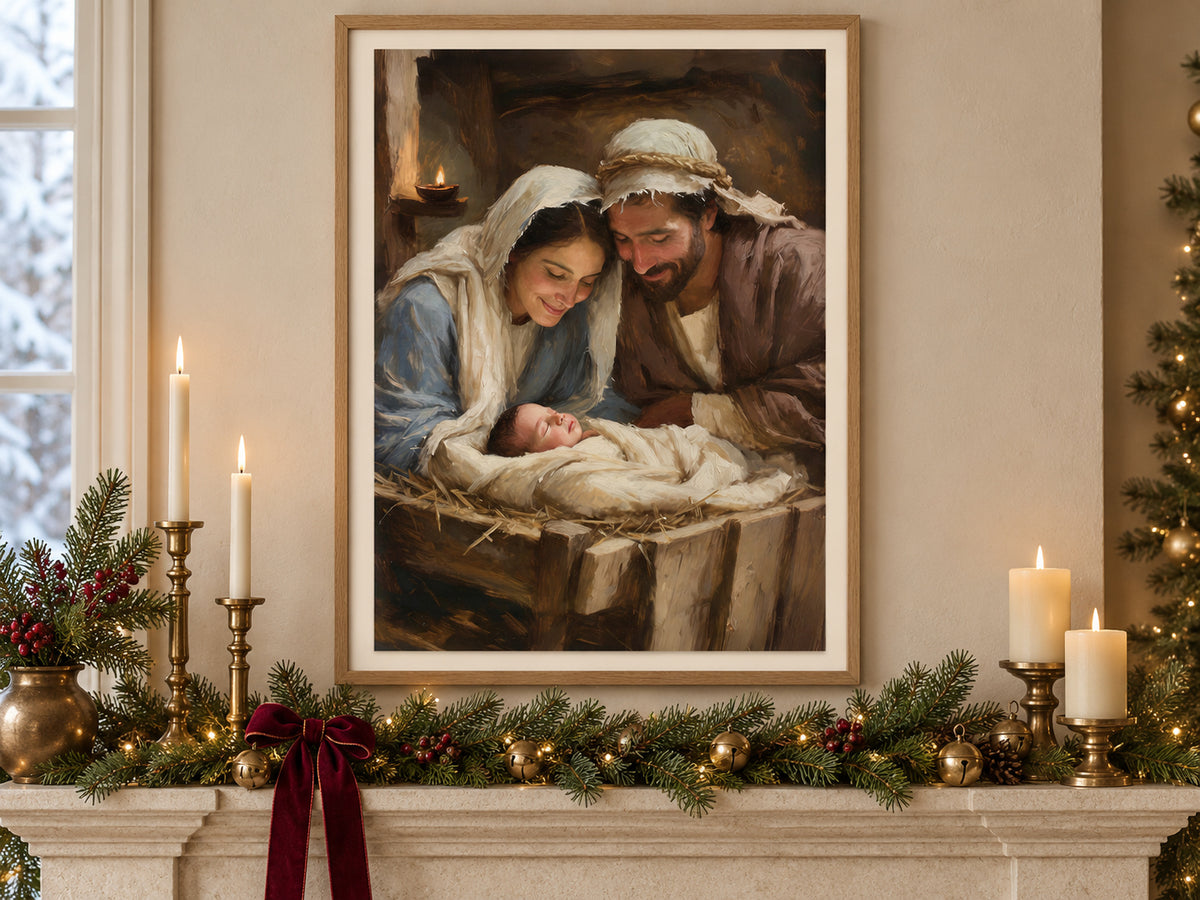 Mary and Joseph lean over baby Jesus asleep in a wooden manger. Cream cloth, Mary's blue robe, and a small oil lamp brighten the brown stable. Shown as a vertical paper print in christmas paper evergreen mantel setting.