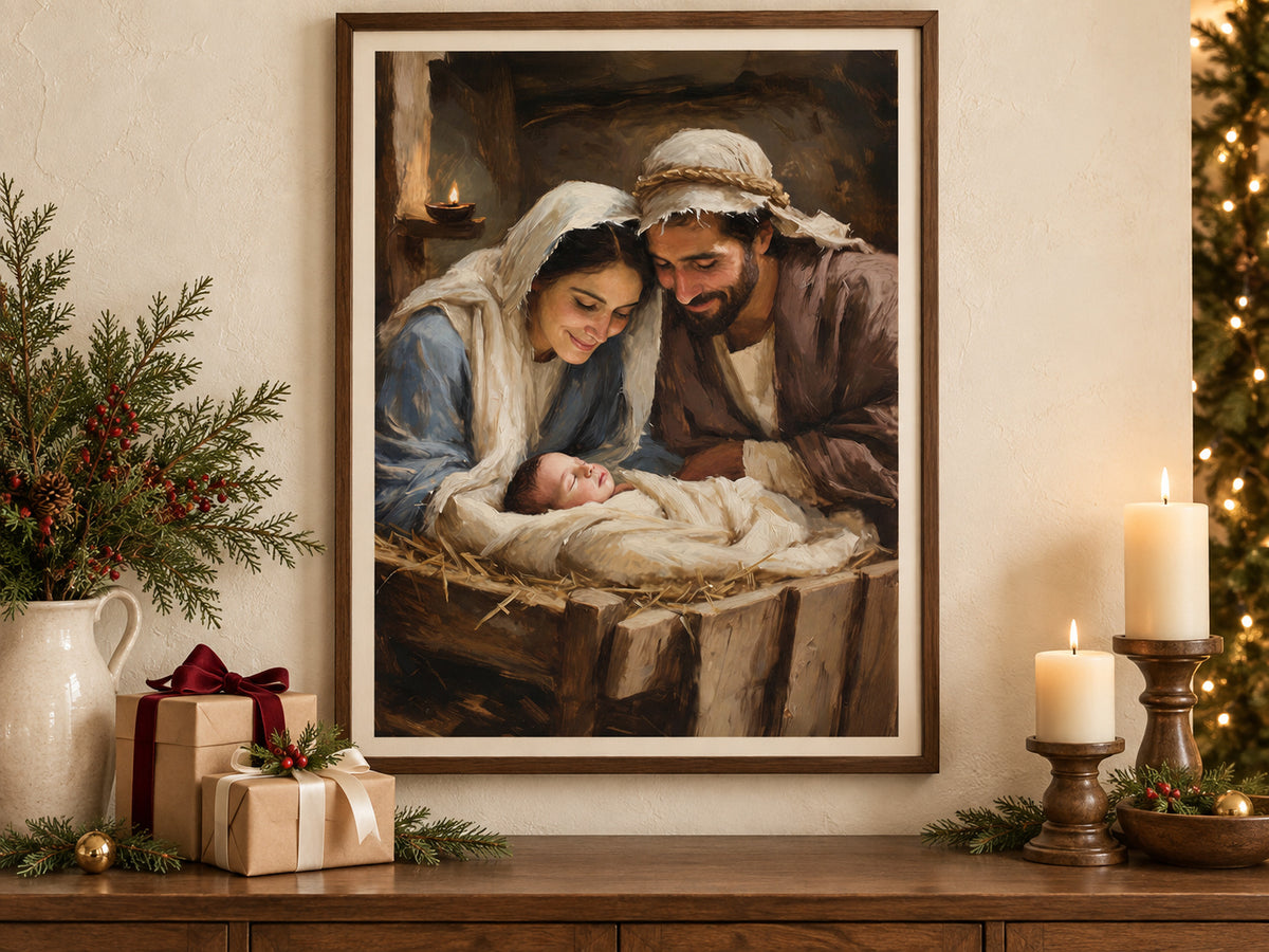 Mary and Joseph lean over baby Jesus asleep in a wooden manger. Cream cloth, Mary's blue robe, and a small oil lamp brighten the brown stable. Shown as a vertical paper print in christmas paper festive sideboard setting.