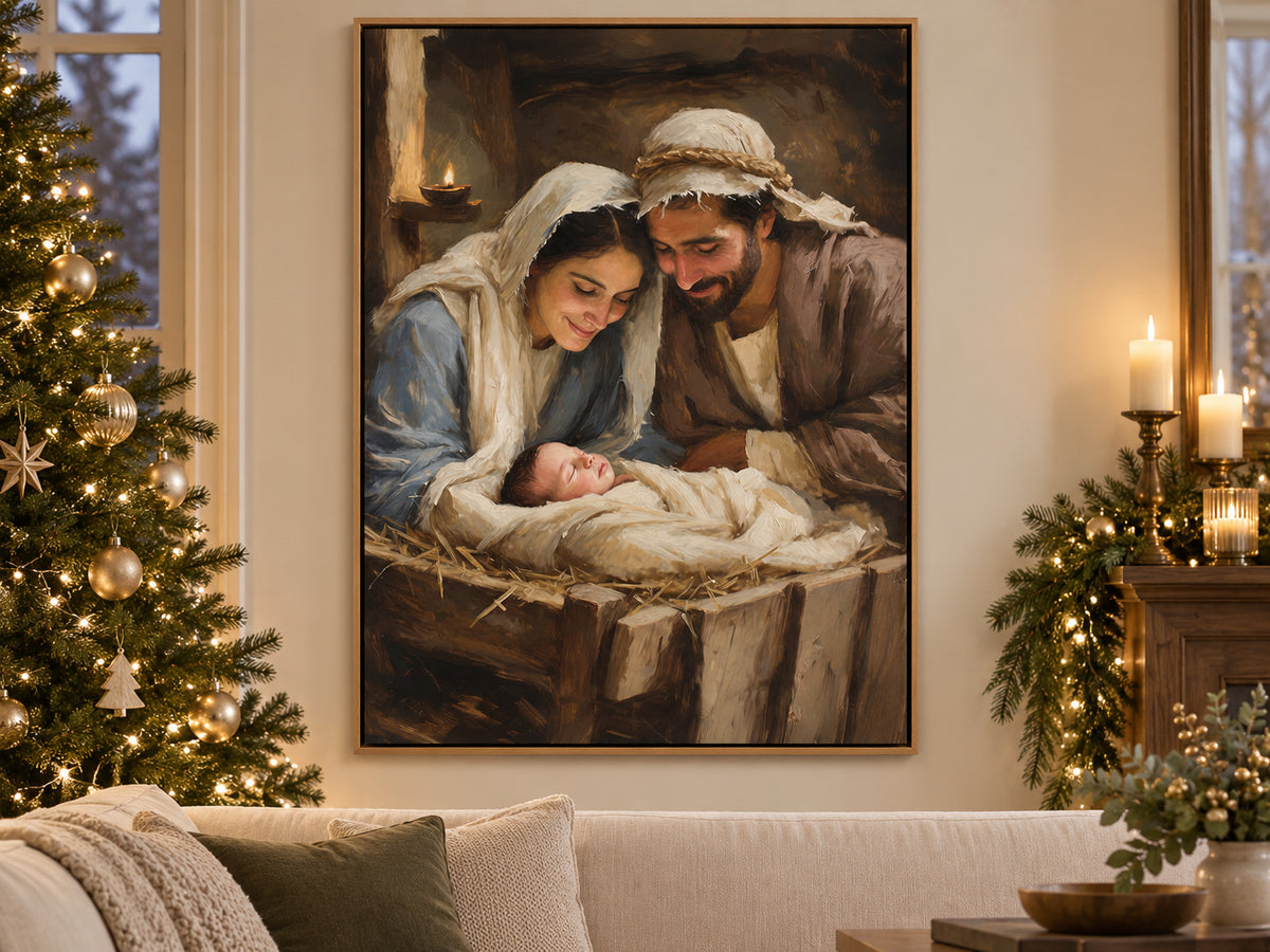 Mary and Joseph lean over baby Jesus asleep in a wooden manger. Cream cloth, Mary's blue robe, and a small oil lamp brighten the brown stable. Shown as a vertical canvas print in christmas canvas tree living room setting.