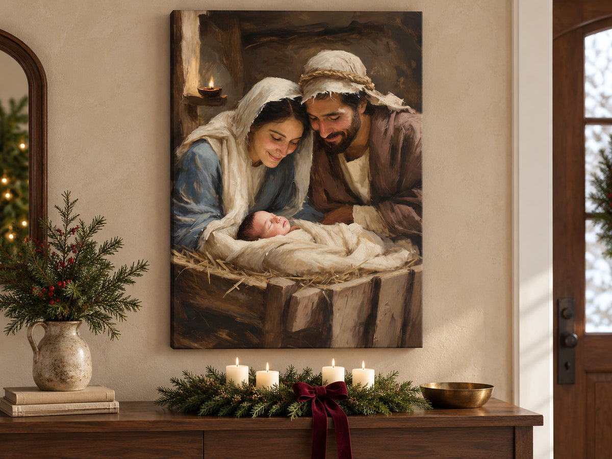 Mary and Joseph lean over baby Jesus asleep in a wooden manger. Cream cloth, Mary's blue robe, and a small oil lamp brighten the brown stable. Shown as a vertical canvas print in christmas canvas advent entry setting.