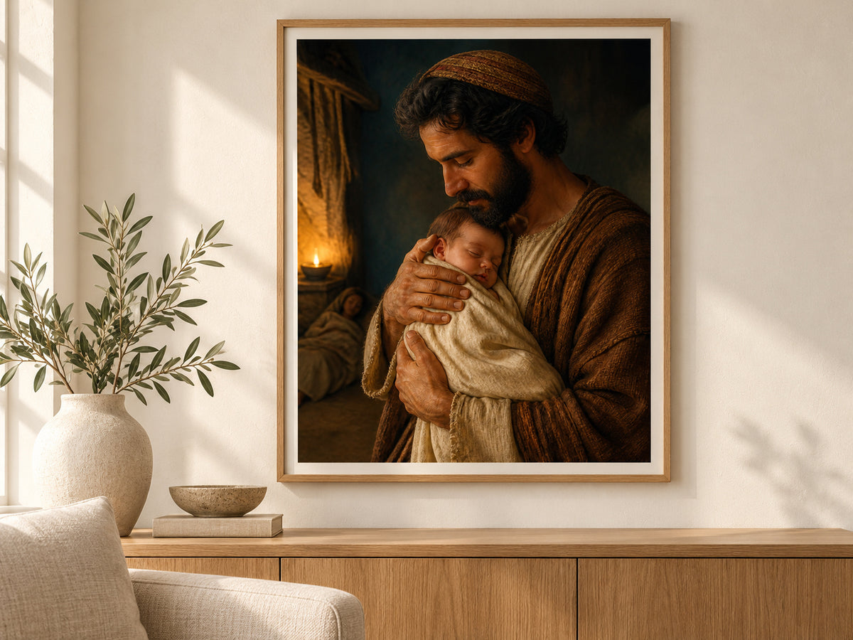 Carried by Joseph in a slim oak frame above a console in a sunlit living room