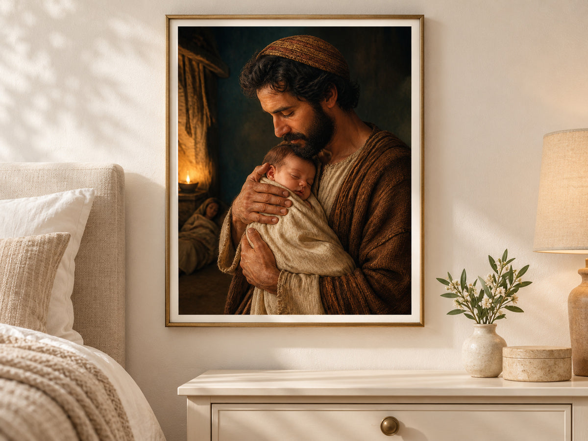 Carried by Joseph in a slim gold frame in a quiet neutral bedroom