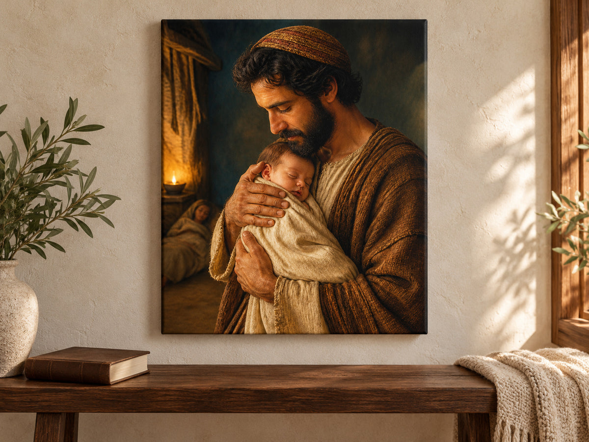 Carried by Joseph as an unframed canvas above a walnut bench in a reading corner