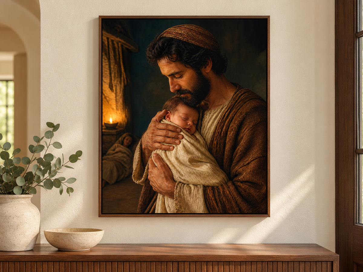 Carried by Joseph on canvas in a walnut floating frame above an entry console