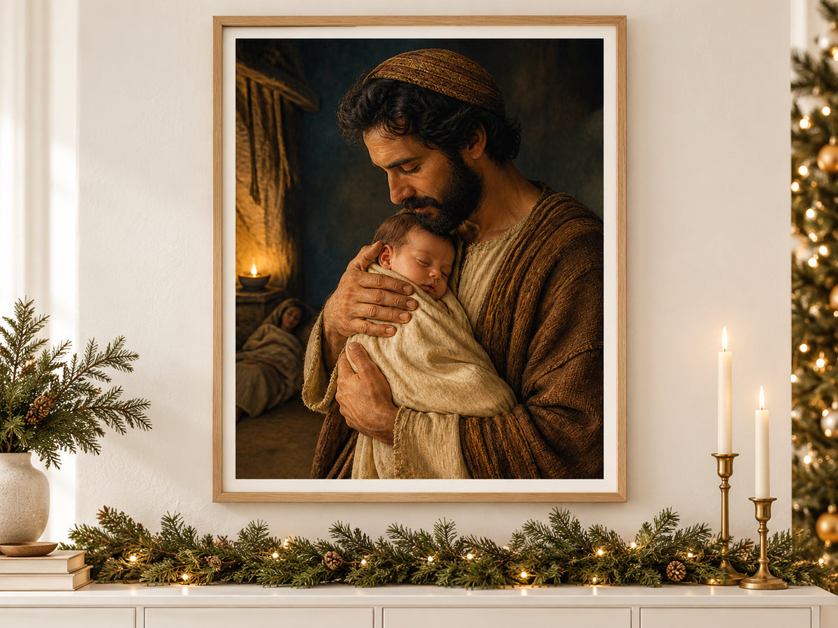 Carried by Joseph in an oak frame above a console styled with evergreen and brass for Christmas