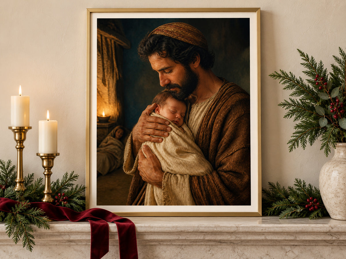 Carried by Joseph in a gold frame on a Christmas mantel with greenery and velvet ribbon