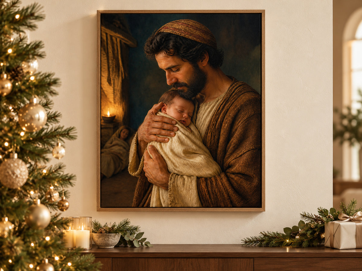 Carried by Joseph on canvas beside a softly lit Christmas tree in a family room