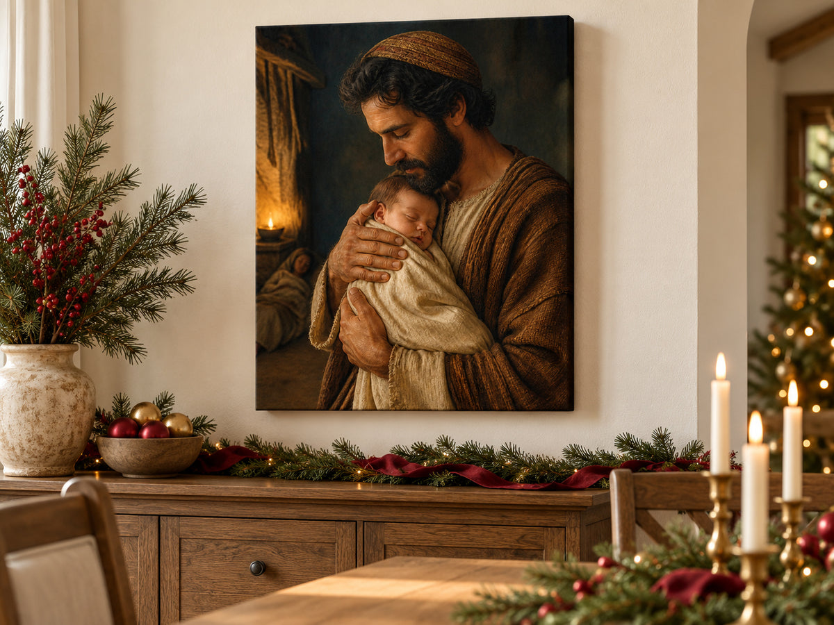 Carried by Joseph as an unframed canvas in a dining room styled with evergreen and brass for Christmas
