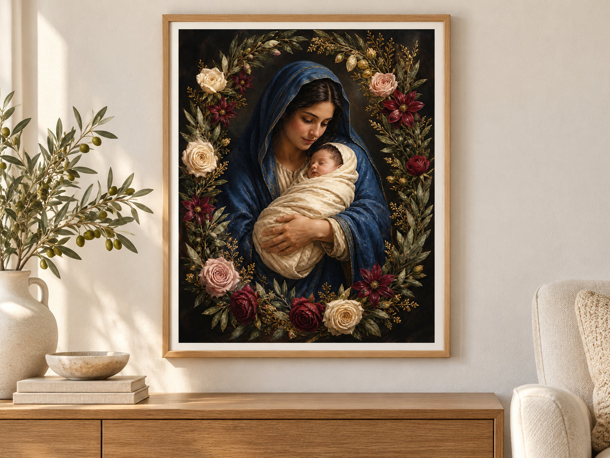 Rose of Bethlehem in a slim oak frame above a console in a sunlit living room