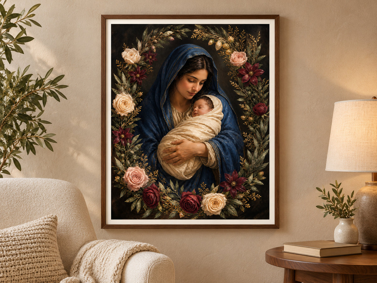 Rose of Bethlehem in a walnut frame beside a cream reading chair