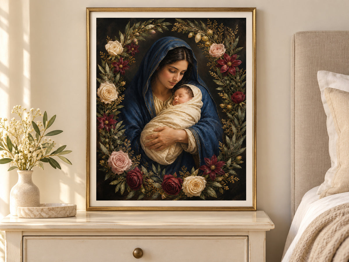 Rose of Bethlehem in a slim gold frame in a quiet neutral bedroom