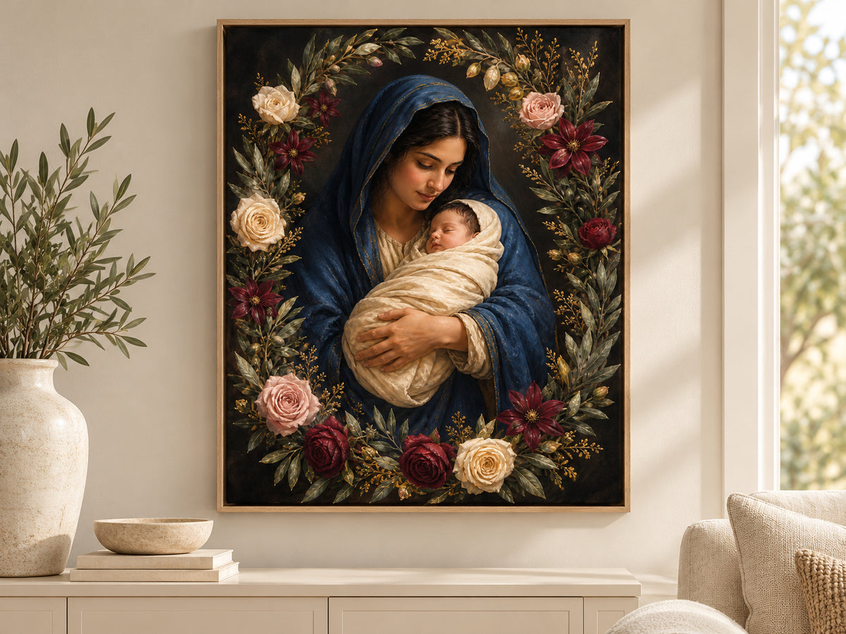 Rose of Bethlehem on canvas in an oak floating frame in a neutral family room