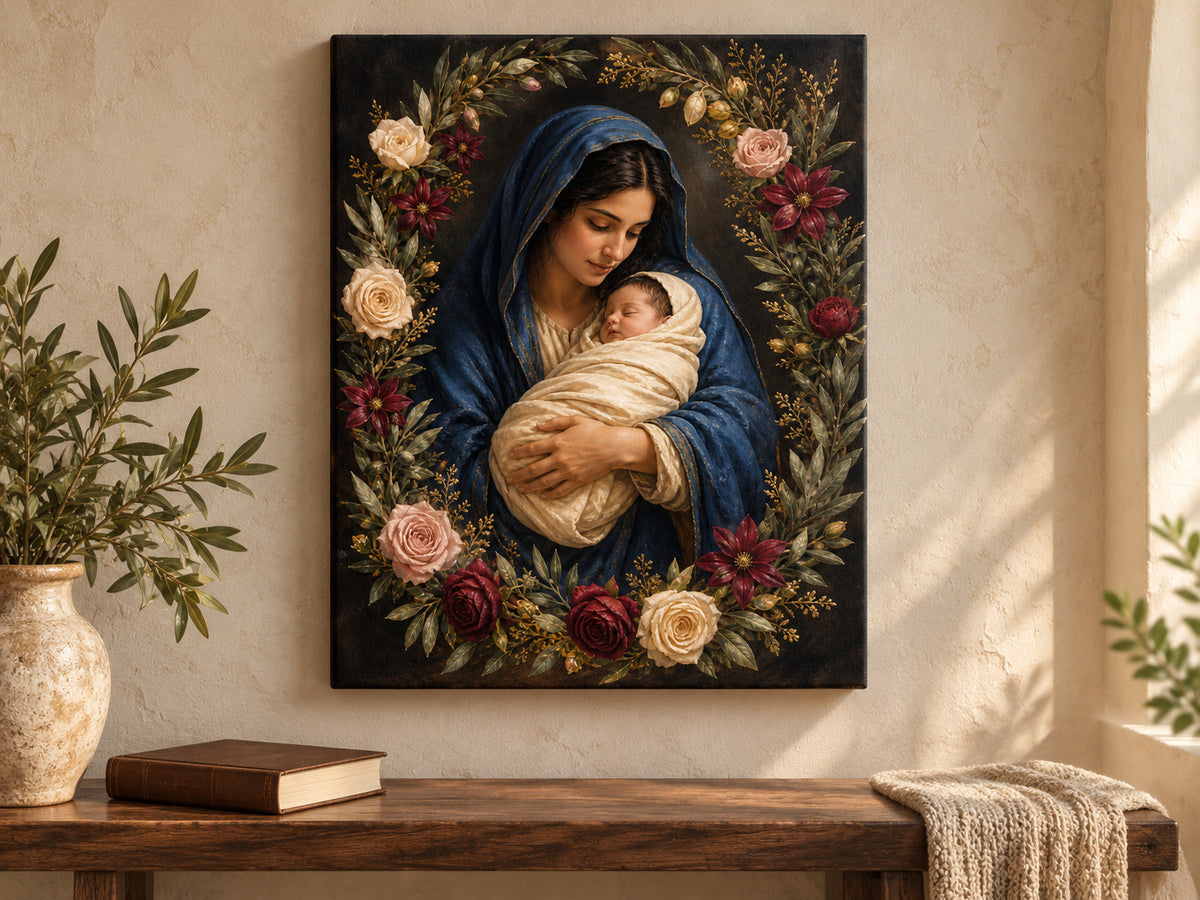 Rose of Bethlehem as an unframed canvas above a walnut bench in a reading corner