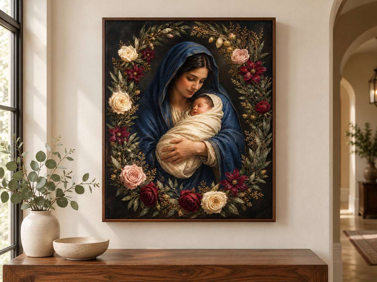 Rose of Bethlehem on canvas in a walnut floating frame above an entry console