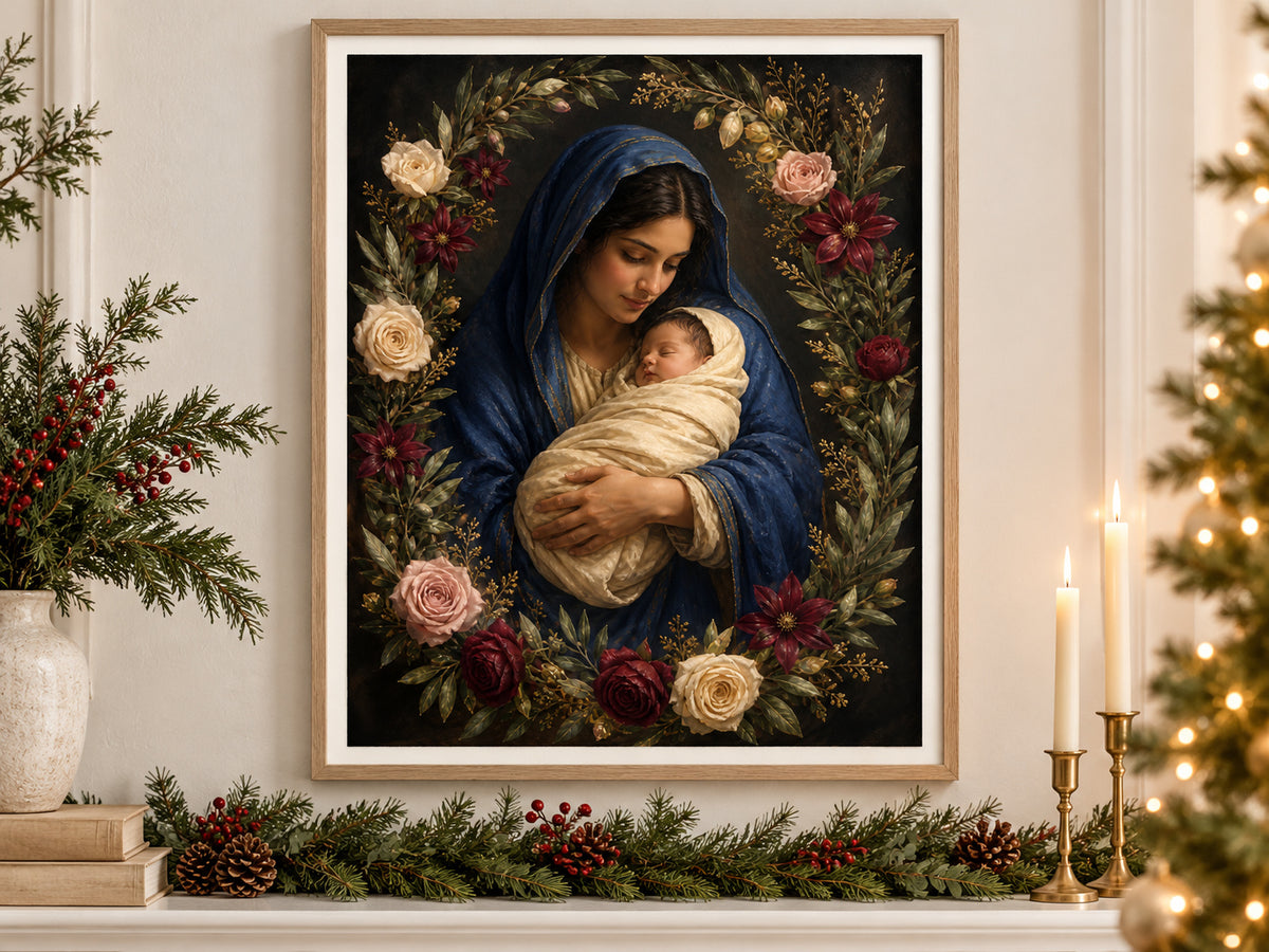 Rose of Bethlehem in an oak frame above a console styled with evergreen and brass for Christmas