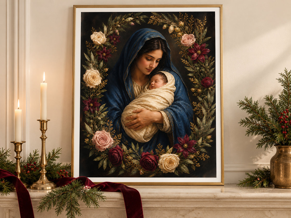 Rose of Bethlehem in a gold frame on a Christmas mantel with greenery and velvet ribbon