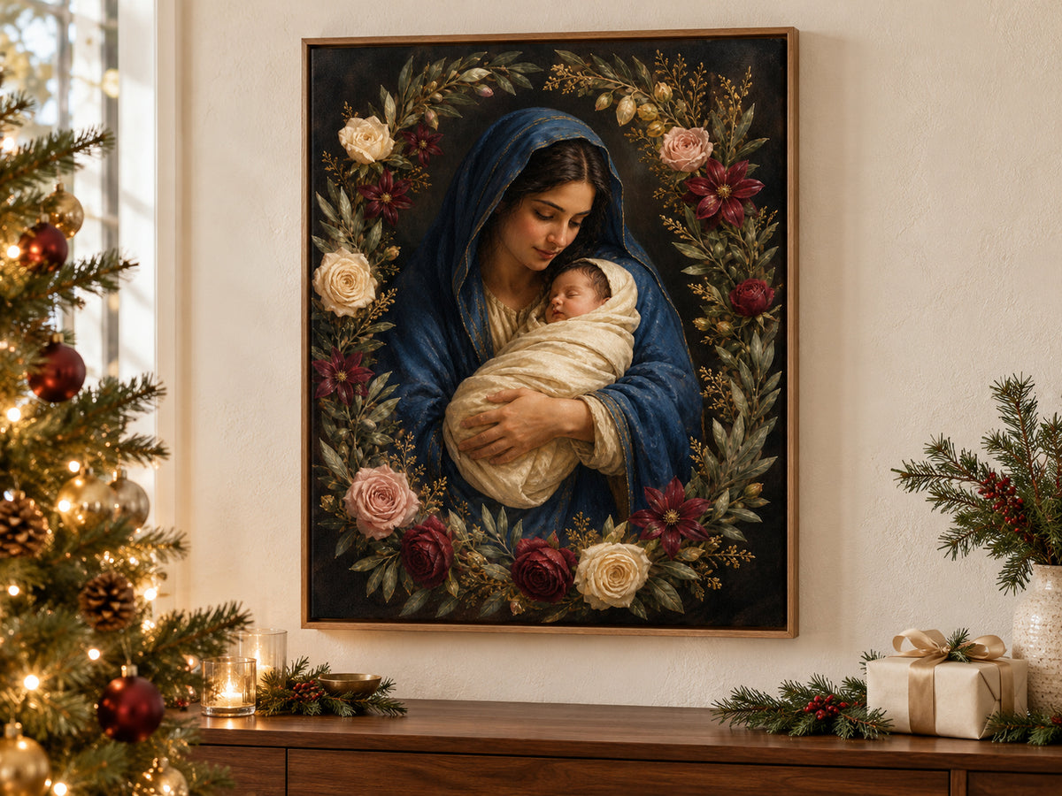Rose of Bethlehem on canvas beside a softly lit Christmas tree in a family room
