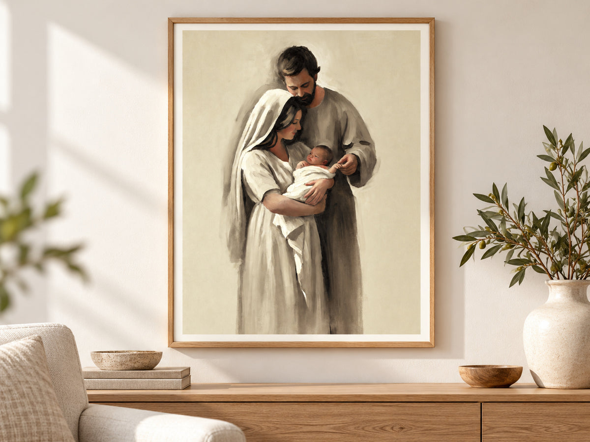 Held Between Them in a slim oak frame above a console in a sunlit living room