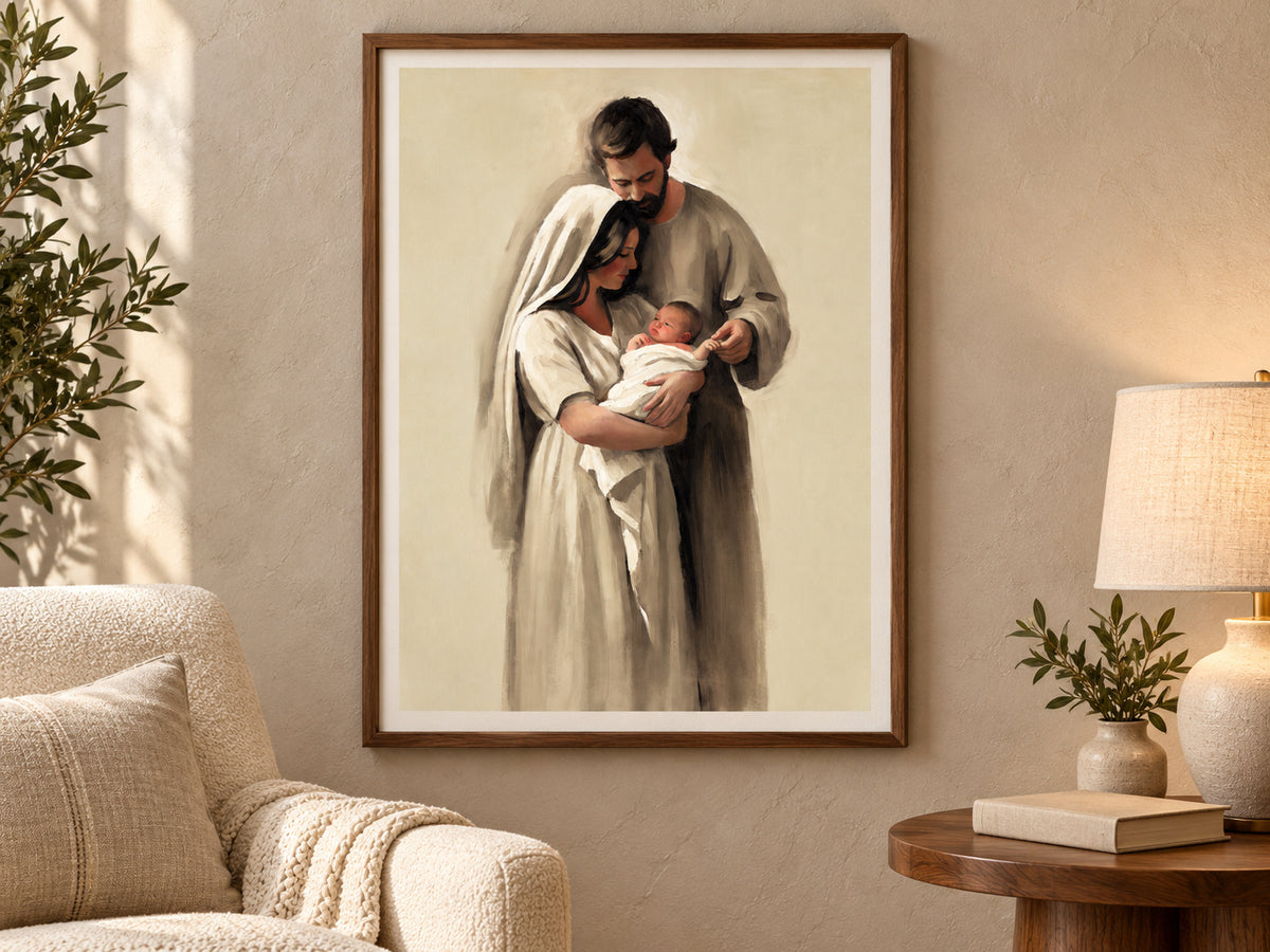Held Between Them in a walnut frame beside a cream reading chair