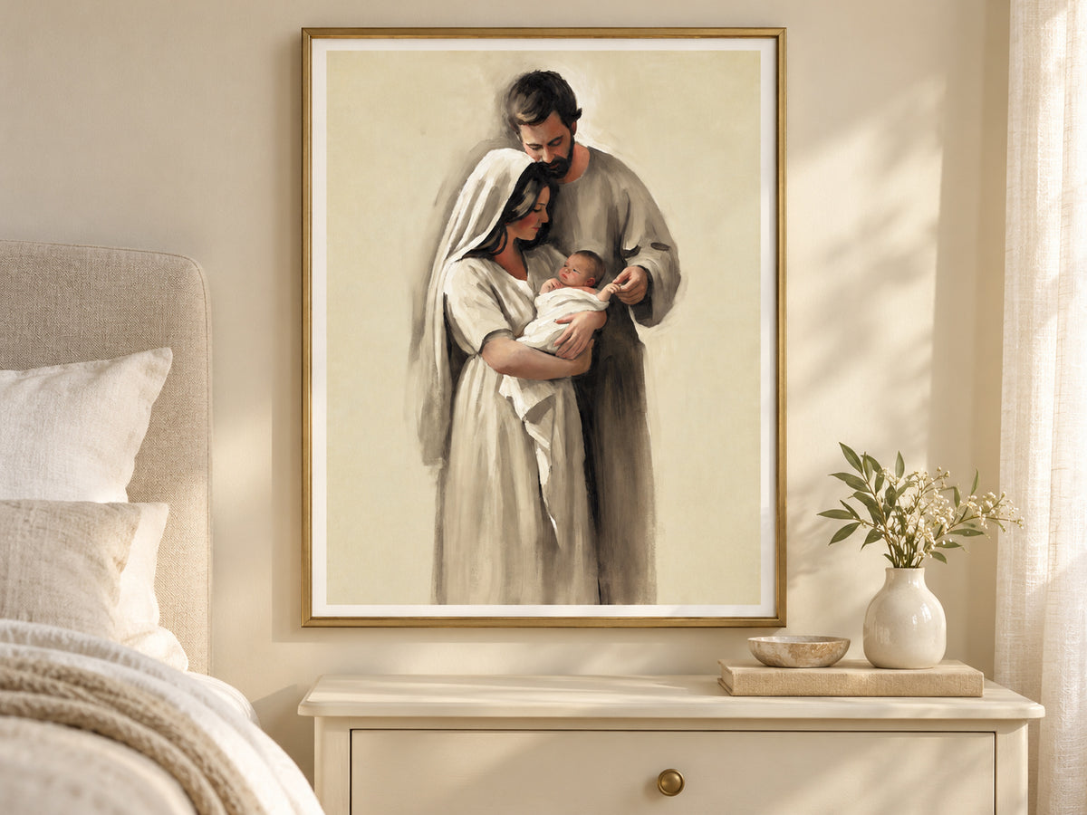 Held Between Them in a slim gold frame in a quiet neutral bedroom