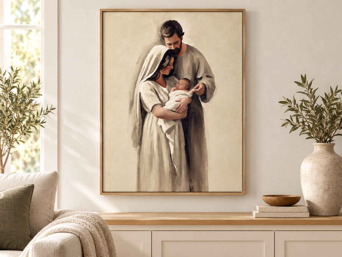 Held Between Them on canvas in an oak floating frame in a neutral family room