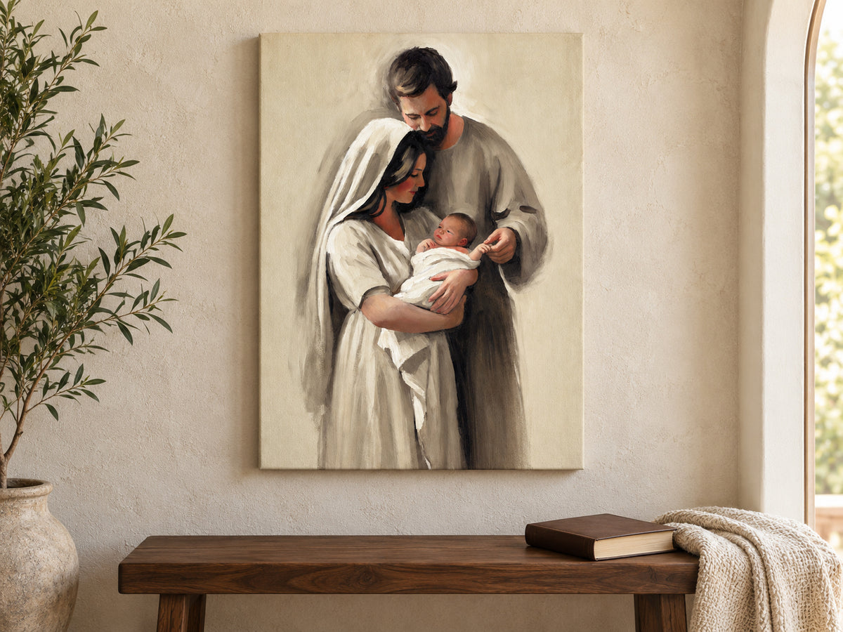 Held Between Them as an unframed canvas above a walnut bench in a reading corner