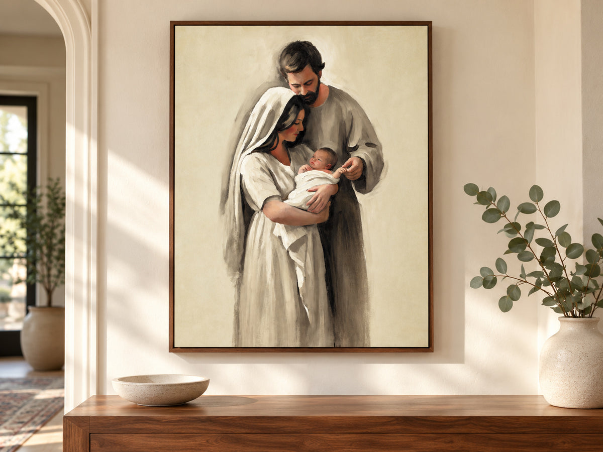 Held Between Them on canvas in a walnut floating frame above an entry console