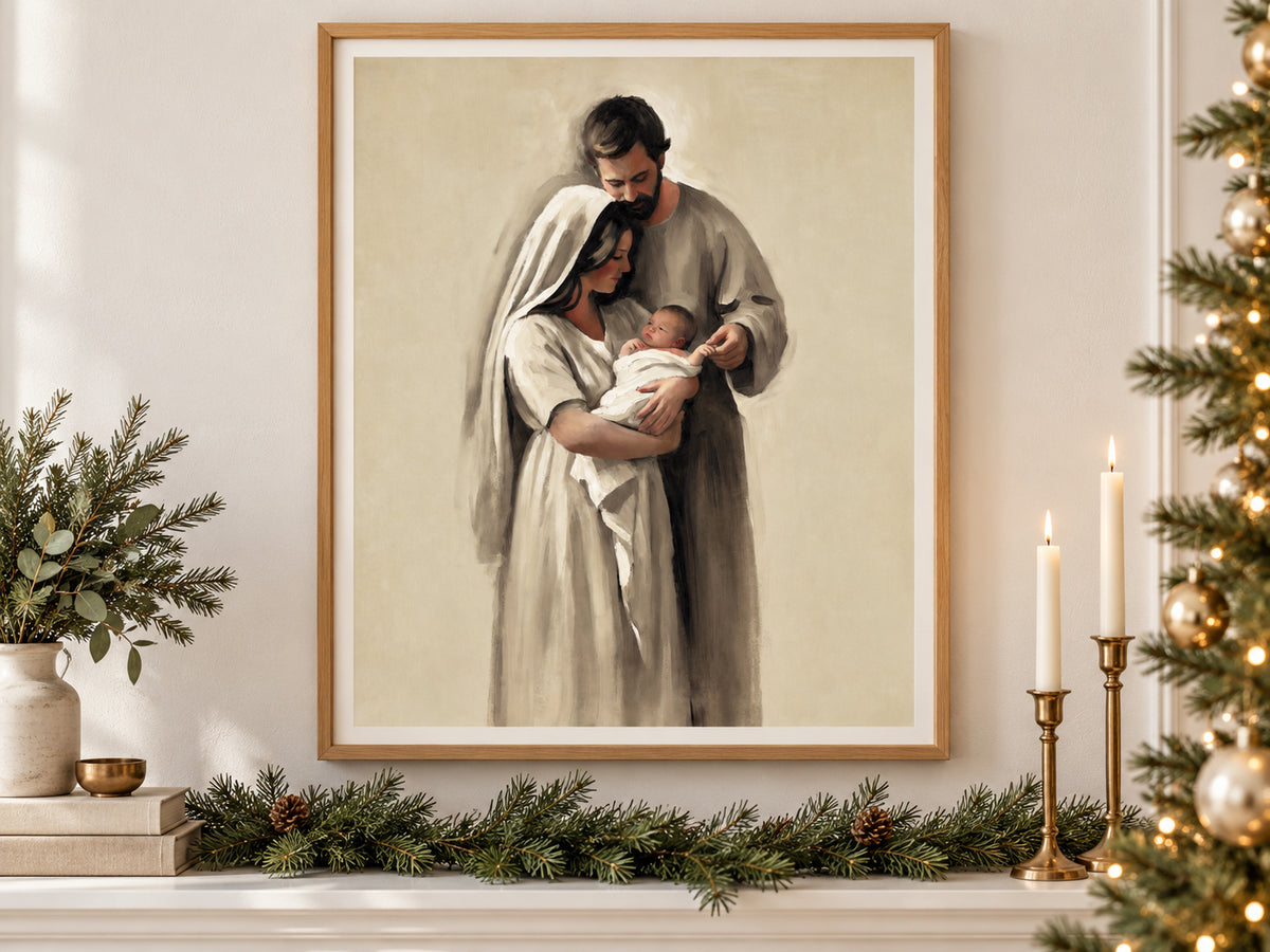 Held Between Them in an oak frame above a console styled with evergreen and brass for Christmas