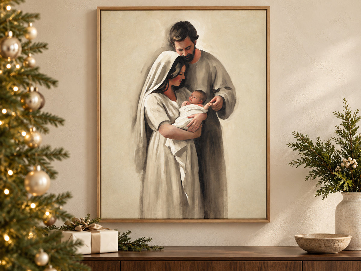Held Between Them on canvas beside a softly lit Christmas tree in a family room