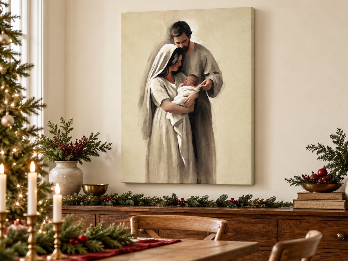 Held Between Them as an unframed canvas in a dining room styled with evergreen and brass for Christmas