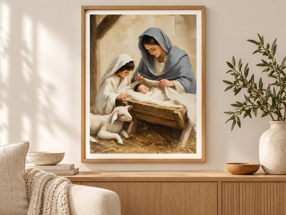 A Child's First Adoration in a slim oak frame above a console in a sunlit living room