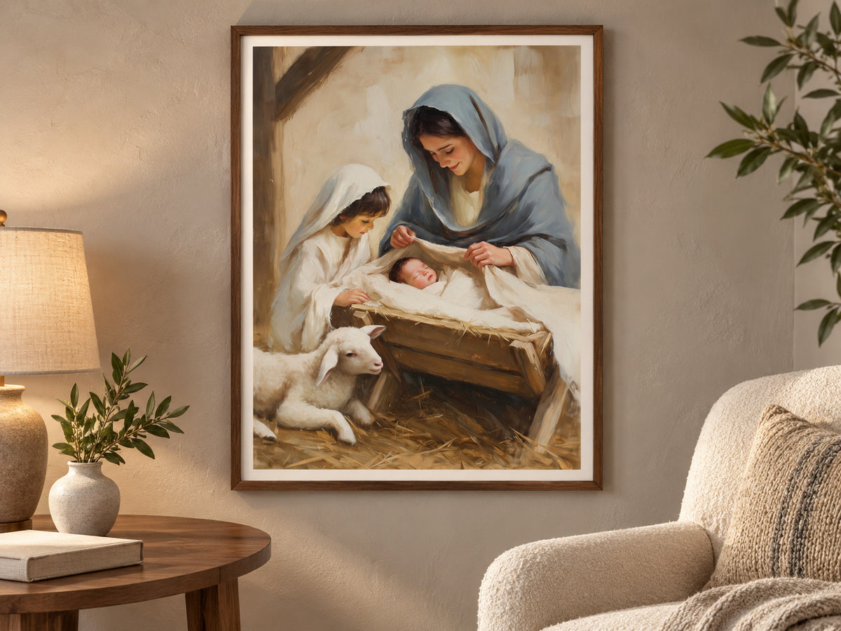 A Child's First Adoration in a walnut frame beside a cream reading chair
