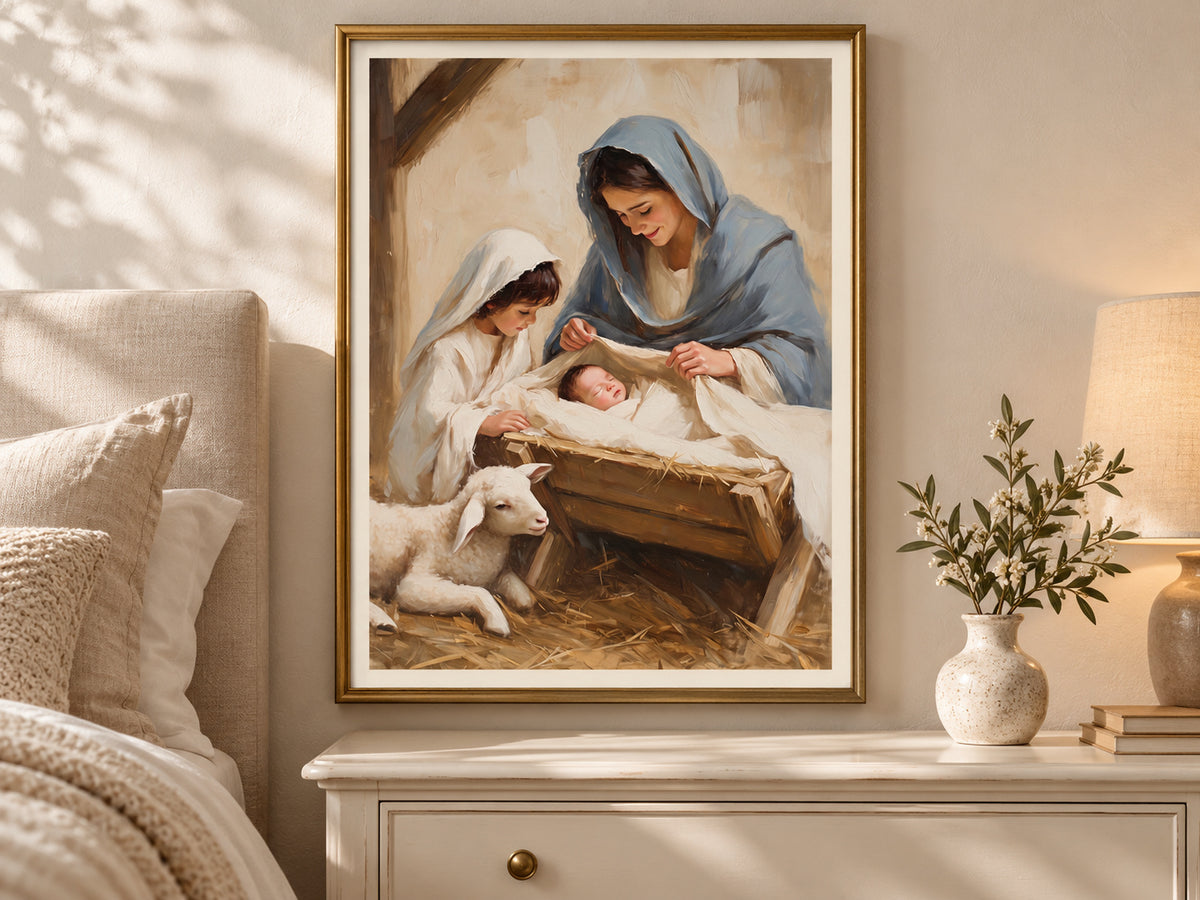 A Child's First Adoration in a slim gold frame in a quiet neutral bedroom