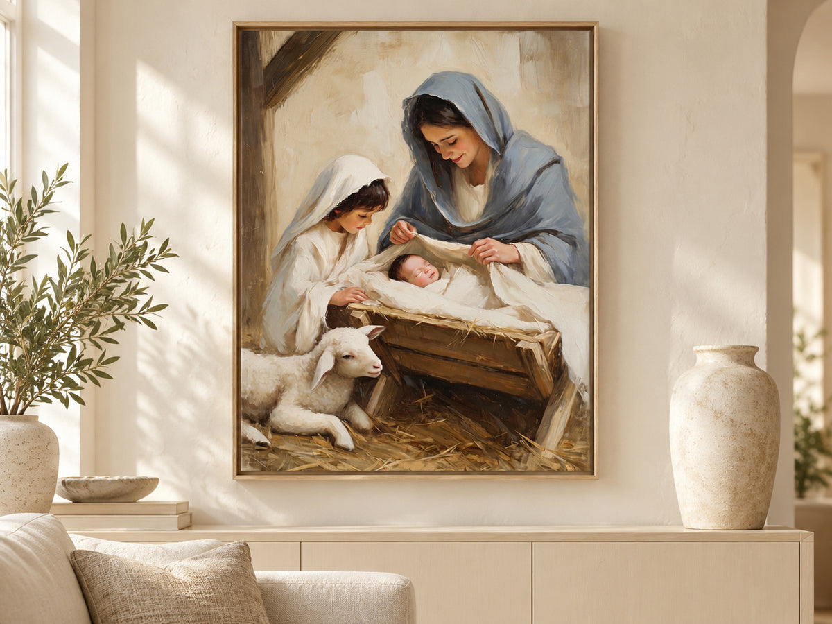 A Child's First Adoration on canvas in an oak floating frame in a neutral family room