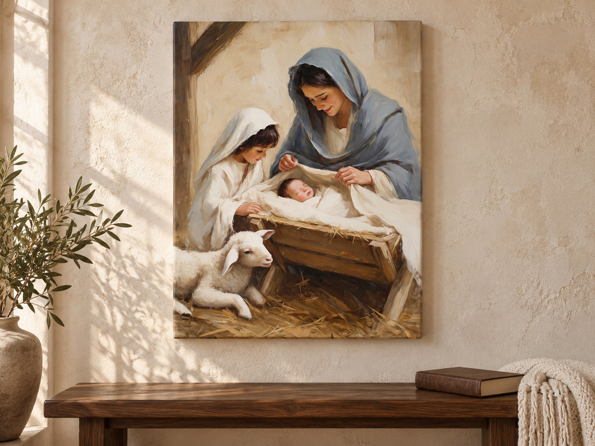 A Child's First Adoration as an unframed canvas above a walnut bench in a reading corner