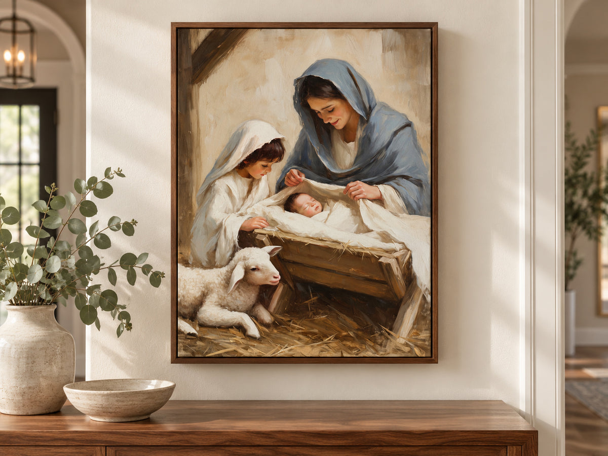 A Child's First Adoration on canvas in a walnut floating frame above an entry console