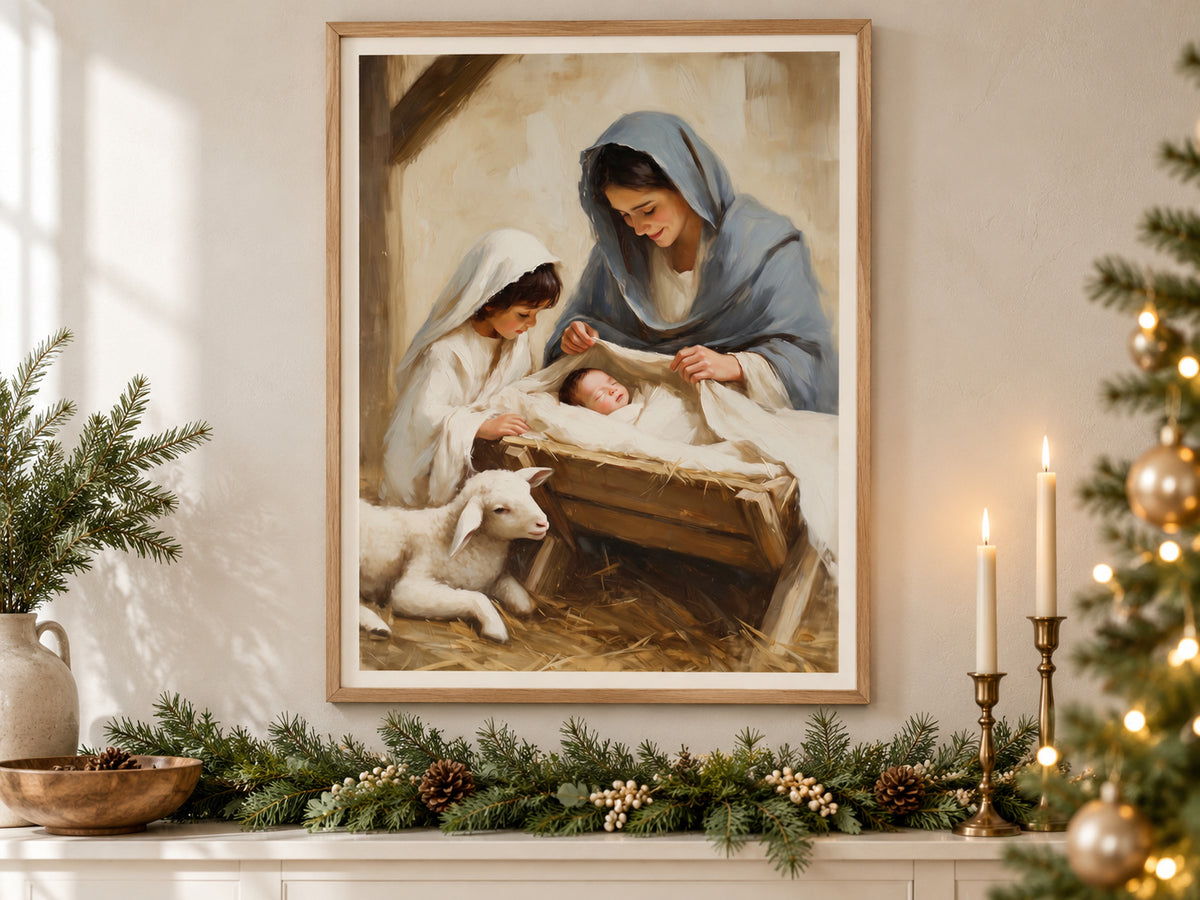 A Child's First Adoration in an oak frame above a console styled with evergreen and brass for Christmas