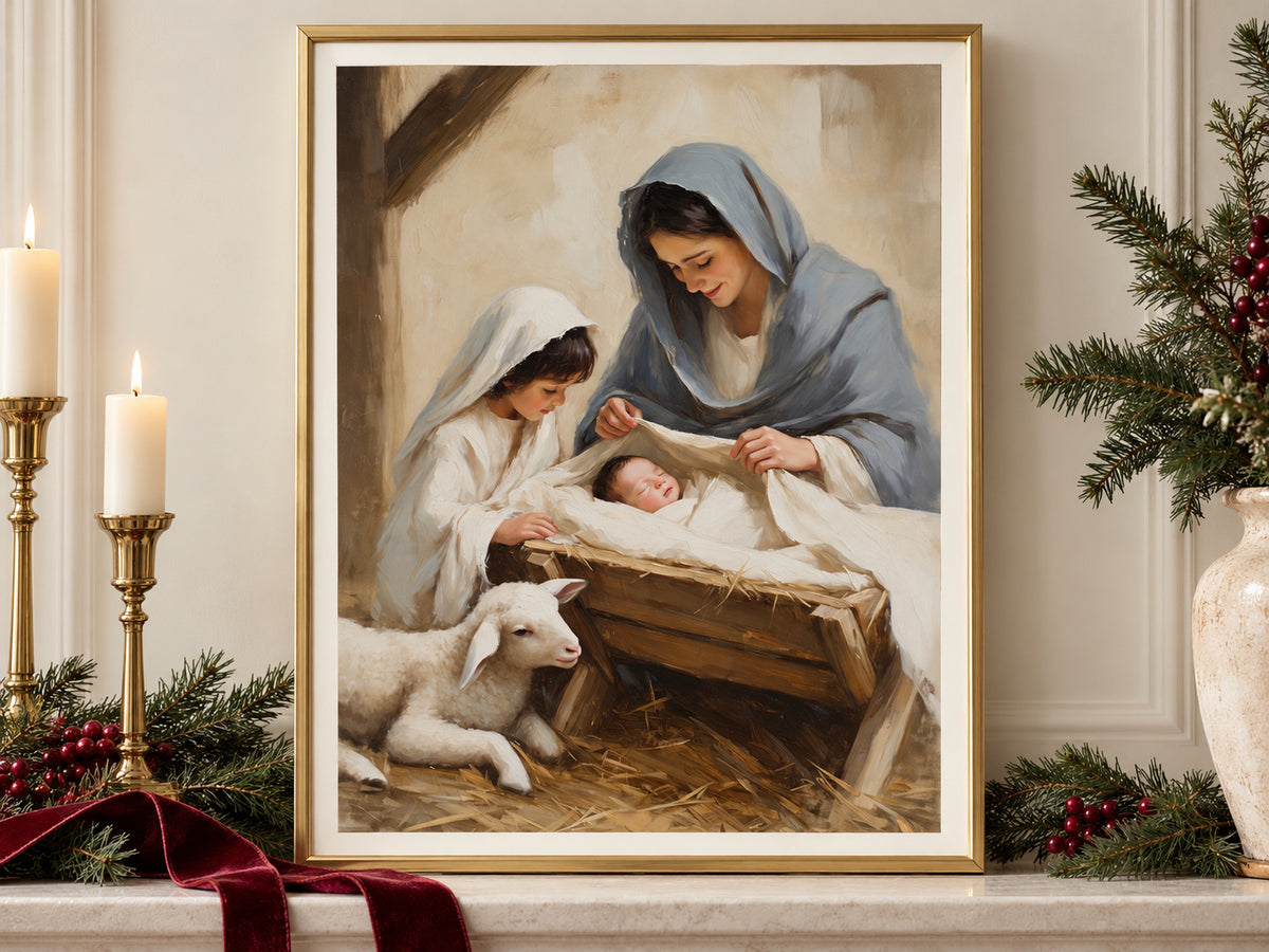 A Child's First Adoration in a gold frame on a Christmas mantel with greenery and velvet ribbon