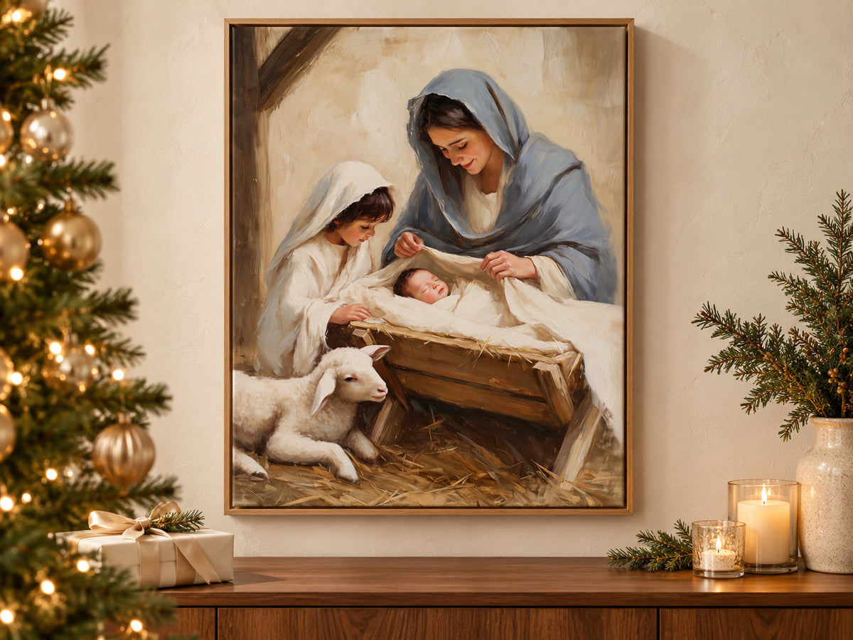 A Child's First Adoration on canvas beside a softly lit Christmas tree in a family room