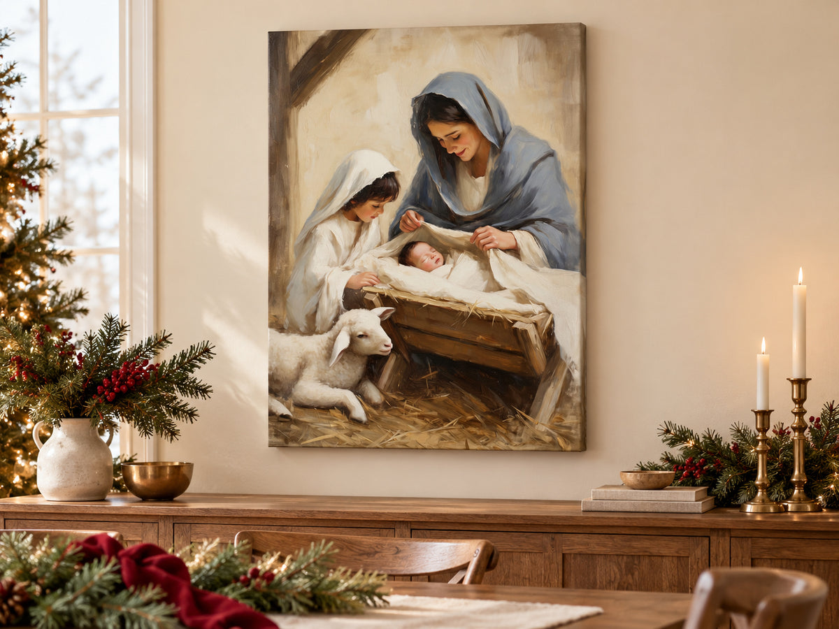 A Child's First Adoration as an unframed canvas in a dining room styled with evergreen and brass for Christmas