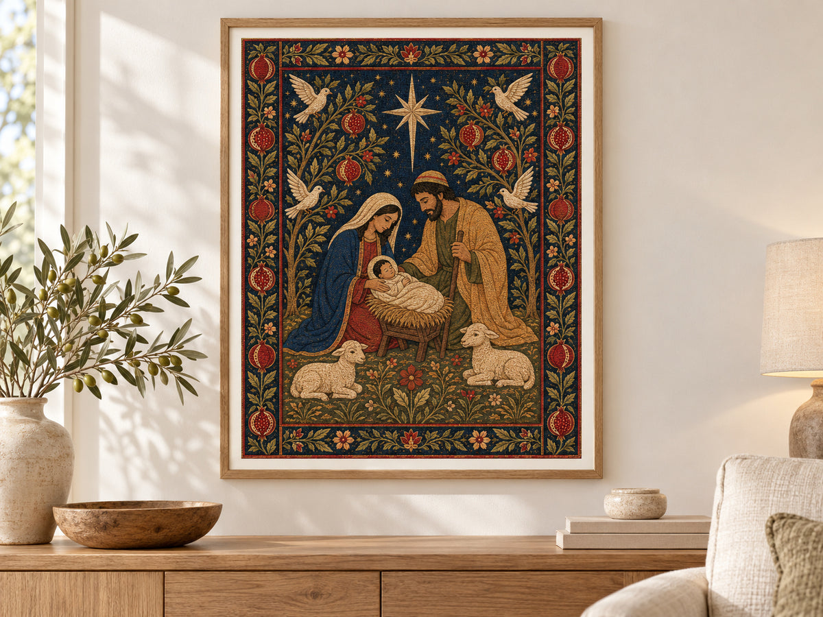 Nativity Tapestry in a slim oak frame above a console in a sunlit living room